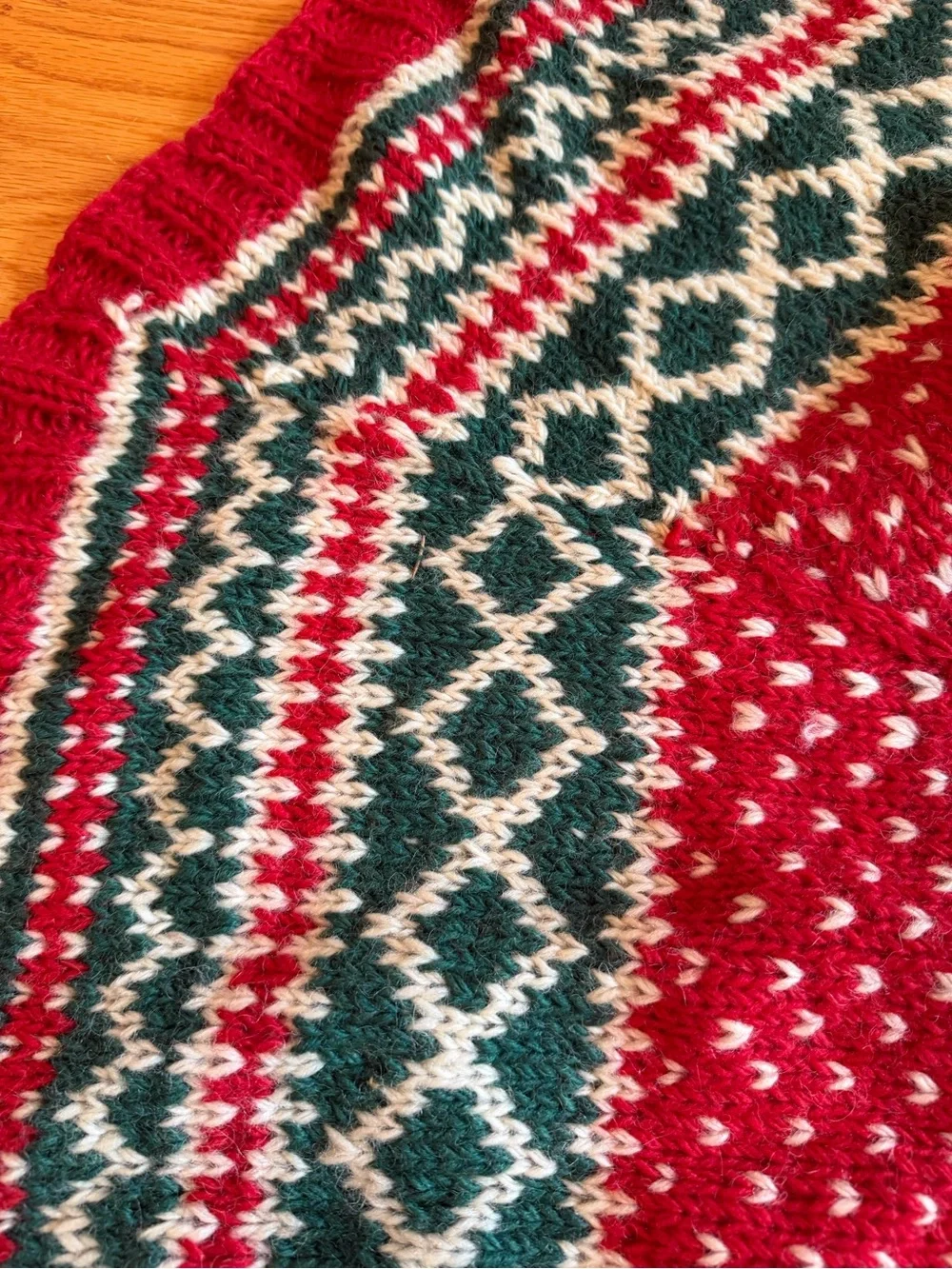 Vintage Santa’s Best large 48” diameter Nordic fair isle Christmas tree skirt